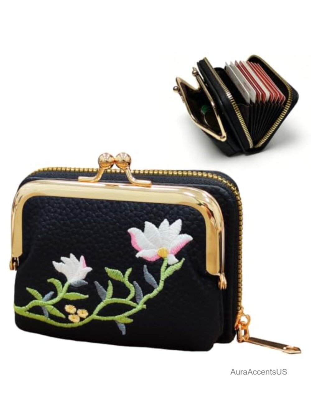 Women's Embroidered Pebble Leather Wallet Faux Leather Zip Card Holder